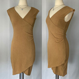 Y2K Dress Size Large Tan Brown Bodycon Stretch Sleeveless Faux Wrap Minimal 90s
